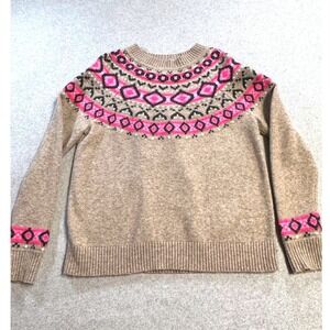 Loft Sweater Womens Medium Tan Pink Fair Isle Nordic Knit Crew Neck‎